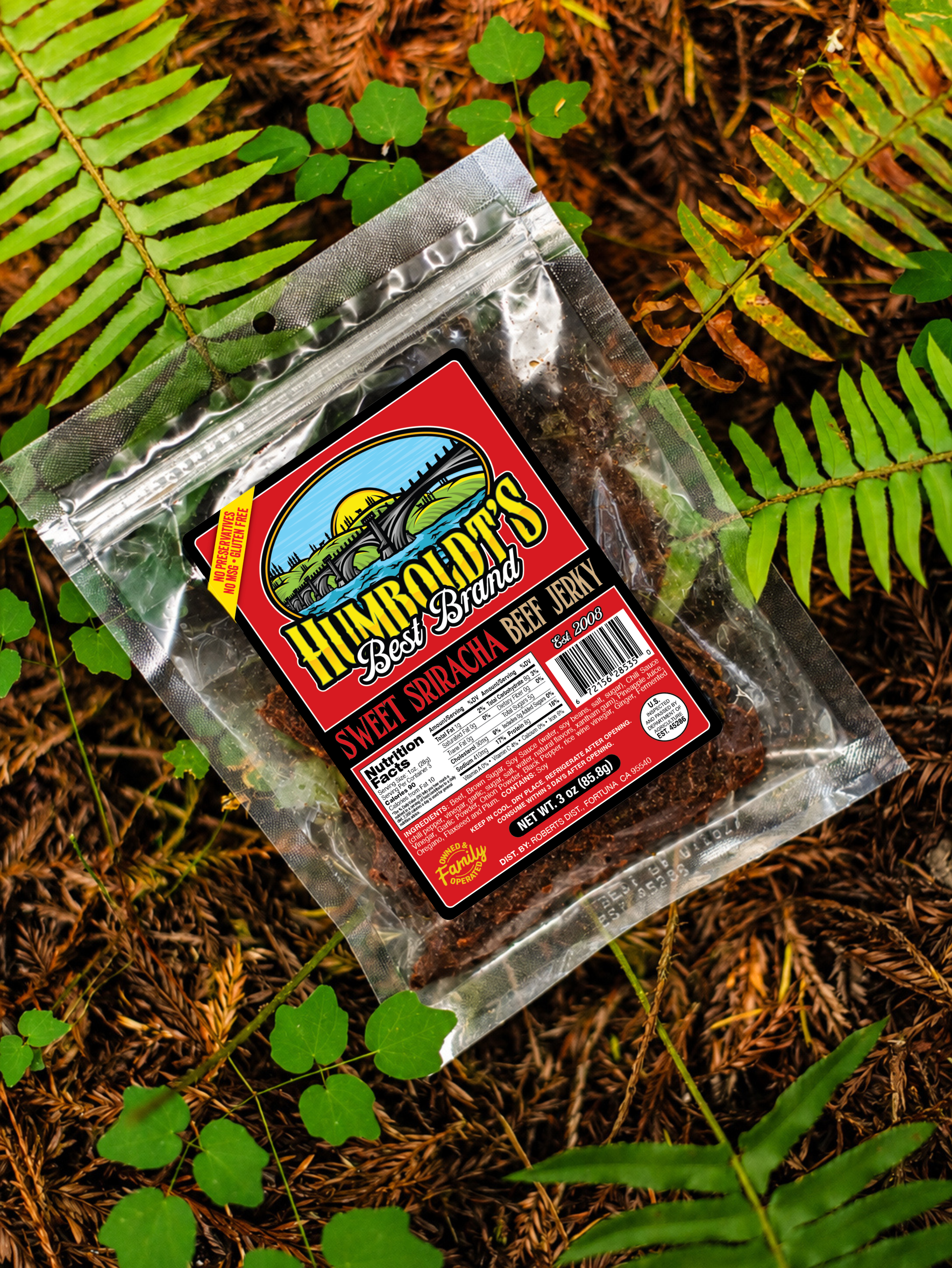 Packaged Humboldt's Beef Jerky in the Redwood Forest